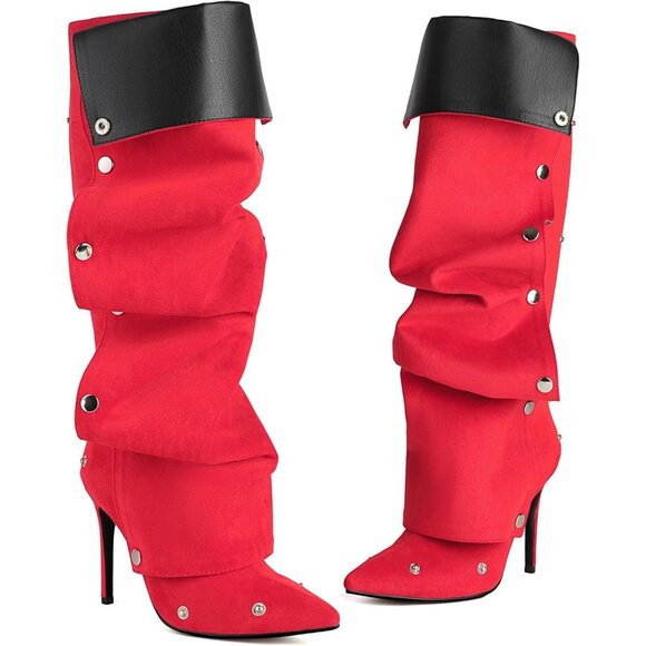 Shoes - ⚡Women's Retro Red Knee High Shark Boots Pointed Toe High Heels Ruched Stiletto
